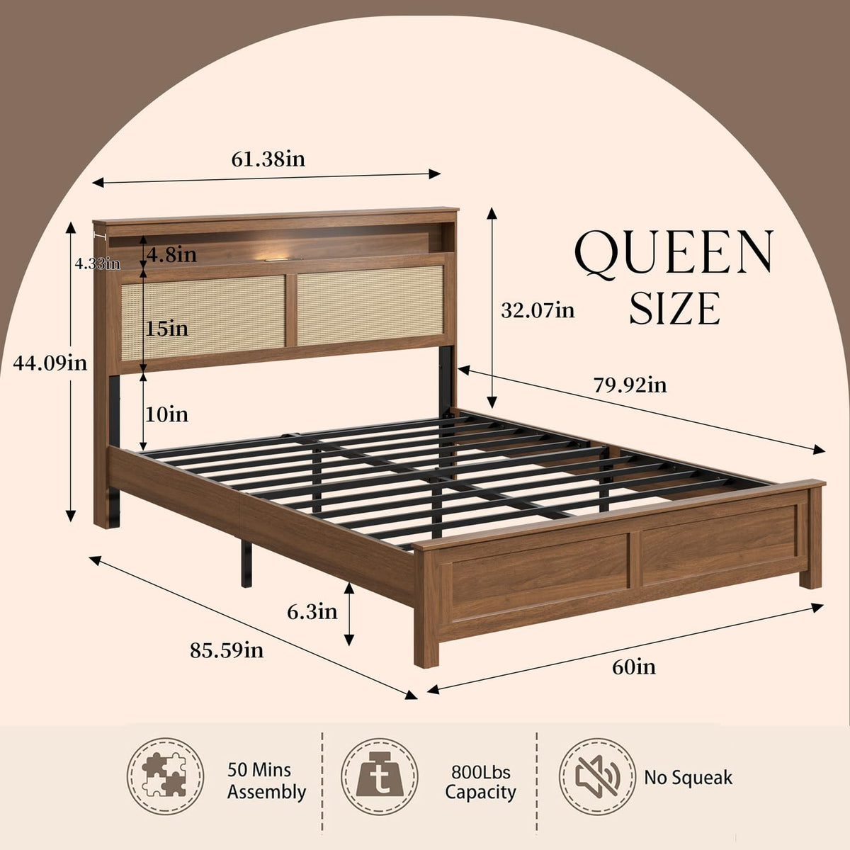 Brown Queen Wood Bed Frame with Storage Headboard J701