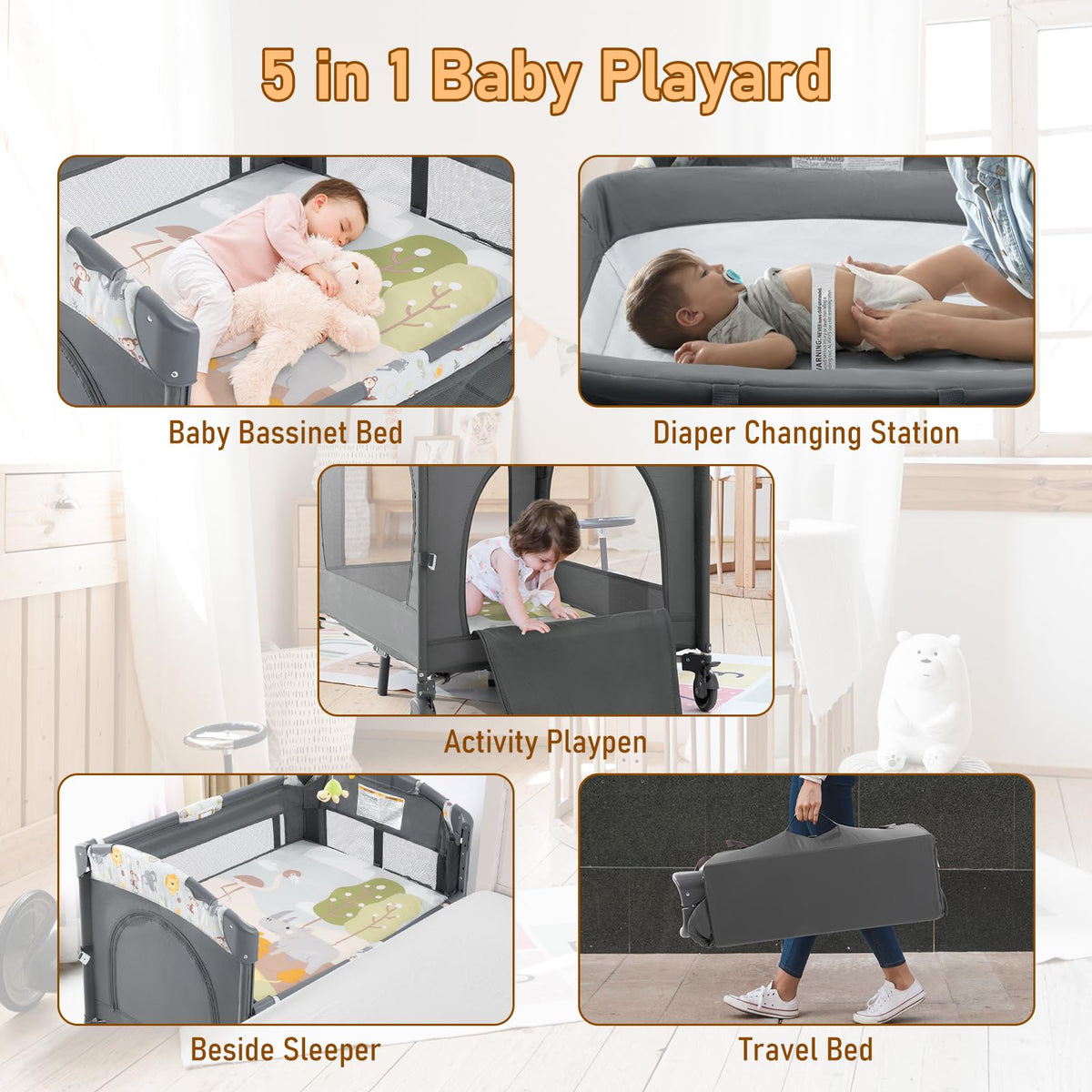5-in-1 Convertible Baby Crib Bassinet Playpen Y480
