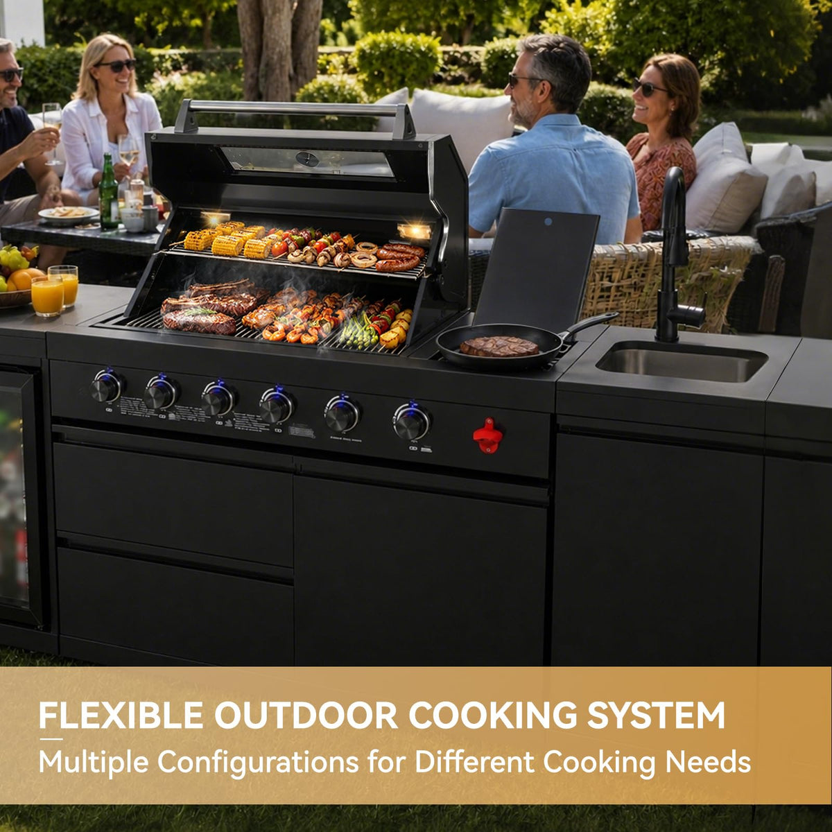 104" Modular Outdoor Kitchen Island with 4-Burner Propane Grill, Refrigerator, Sink, Storage Cabinets, and Granite Countertop Y6544