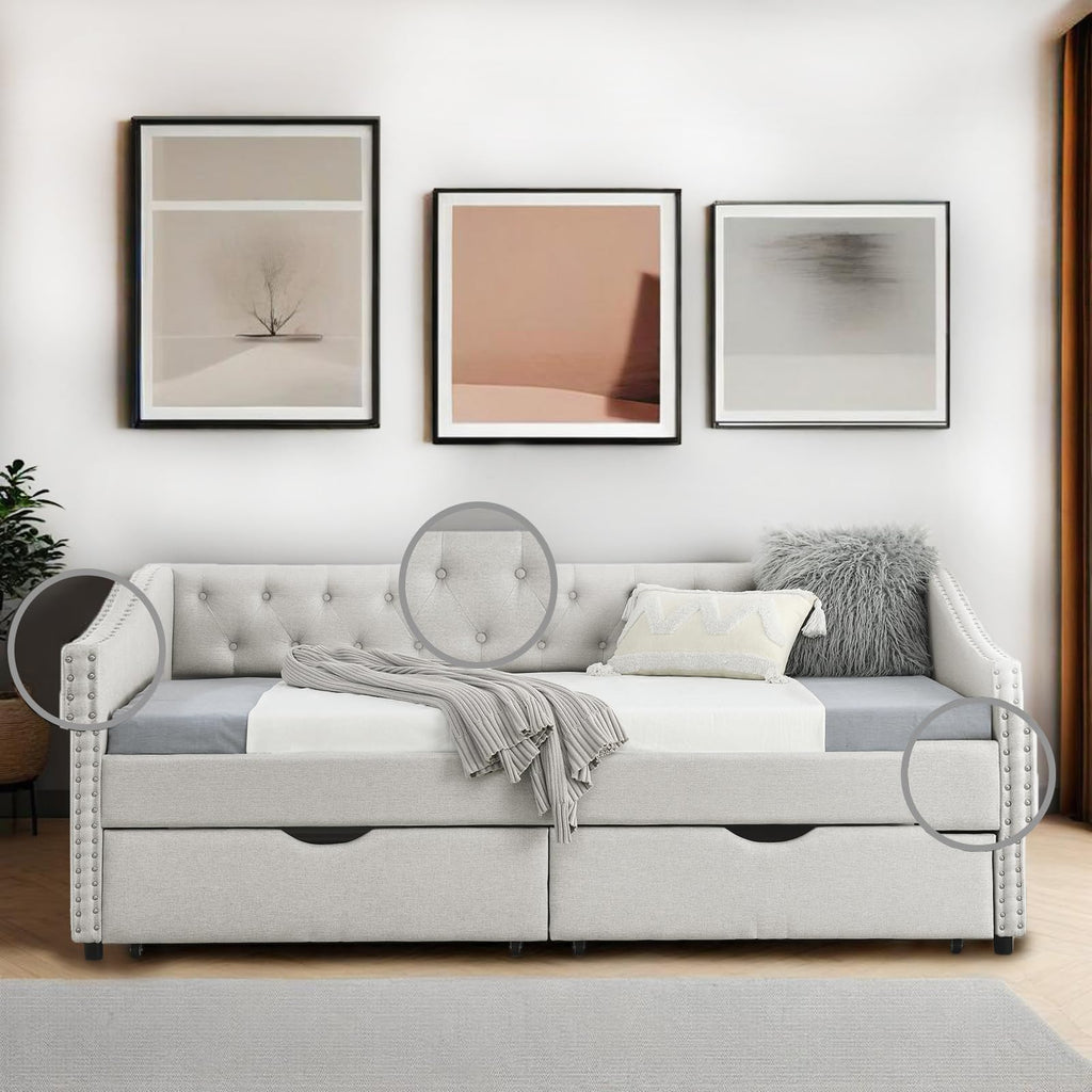 Twin Linen Upholstered Daybed with 2 Storage Drawers F1026