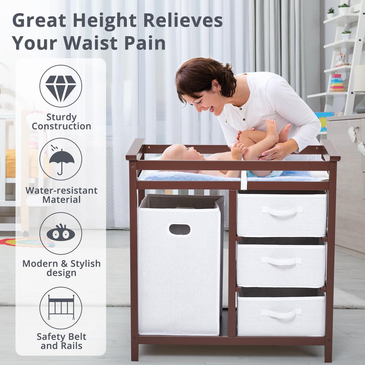 Modern Baby Changing Table with Laundry Hamper & 3 Drawers P9402