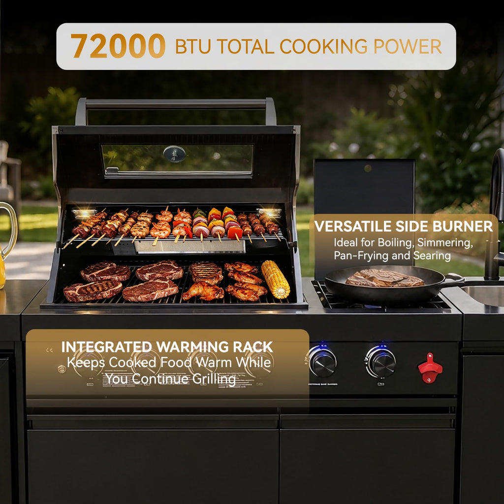 104" Modular Outdoor Kitchen Island with 4-Burner Propane Grill, Refrigerator, Sink, Storage Cabinets, and Granite Countertop Y6544