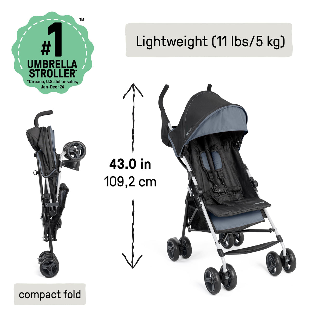 Lightweight Compact Fold Stroller with Canopy and Recline, Slate Grey K721629