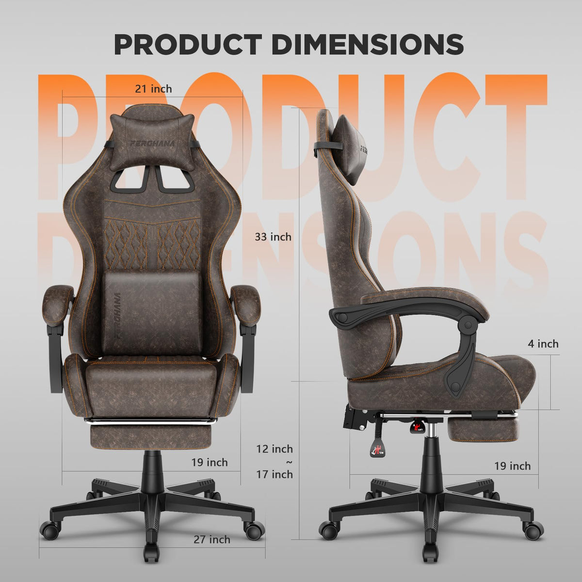 Brown PU Leather Ergonomic Reclining Gaming Chair with Massage Lumbar Support and Footrest C14613