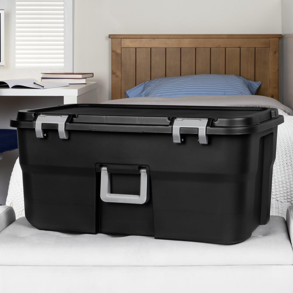 22 Gallon Black Wheeled Plastic Storage Trunk with Lids V2678