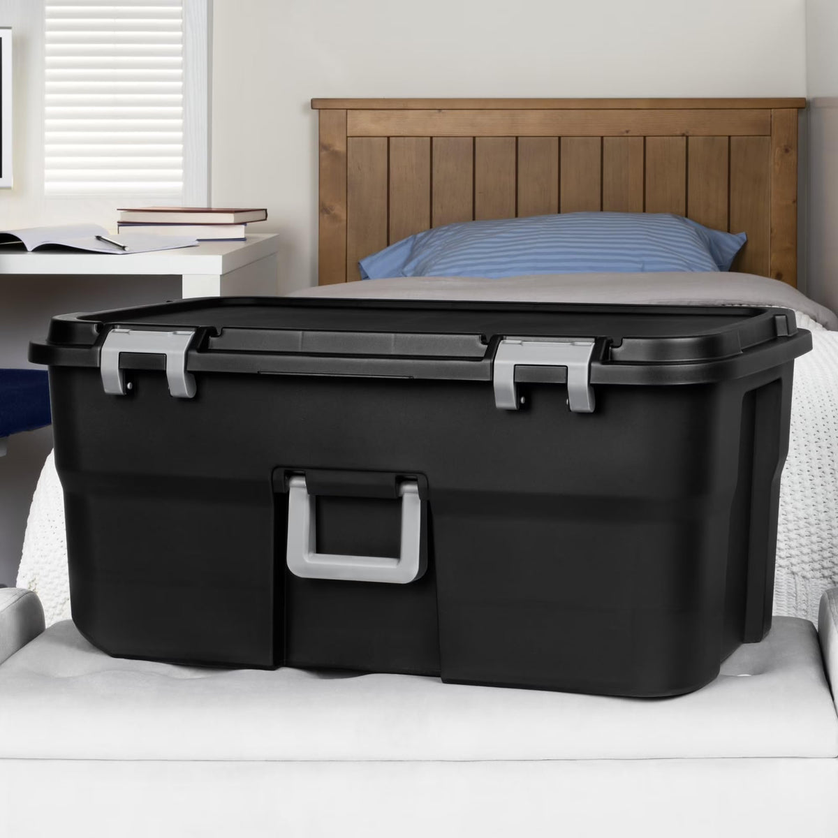 22 Gallon Black Wheeled Plastic Storage Trunk with Lids V2678