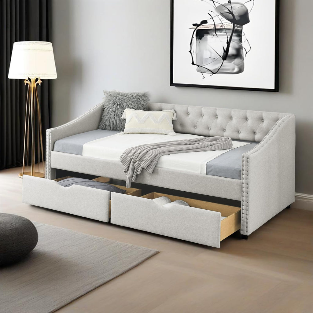 Twin Linen Upholstered Daybed with 2 Storage Drawers F1026
