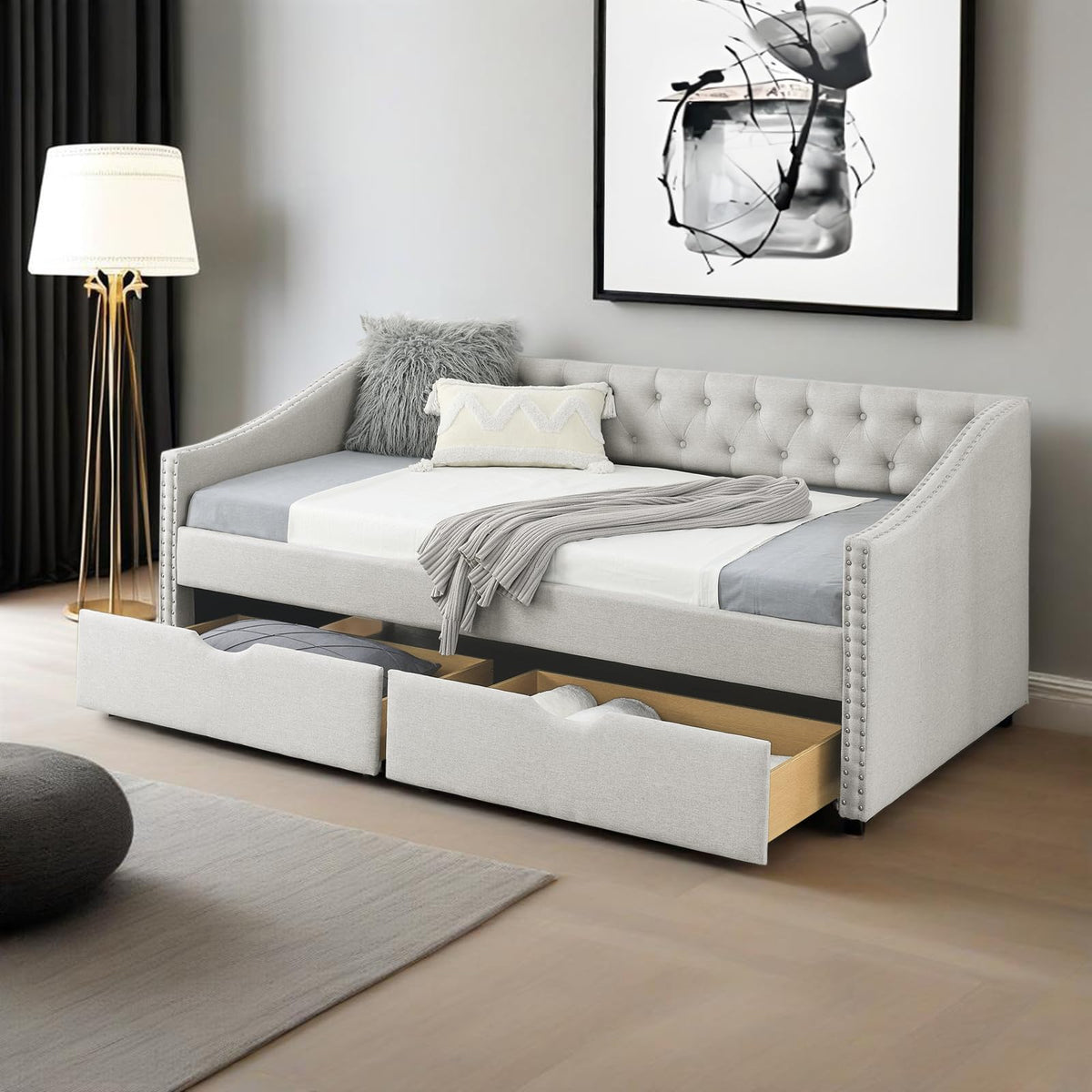 Twin Linen Upholstered Daybed with 2 Storage Drawers F1026