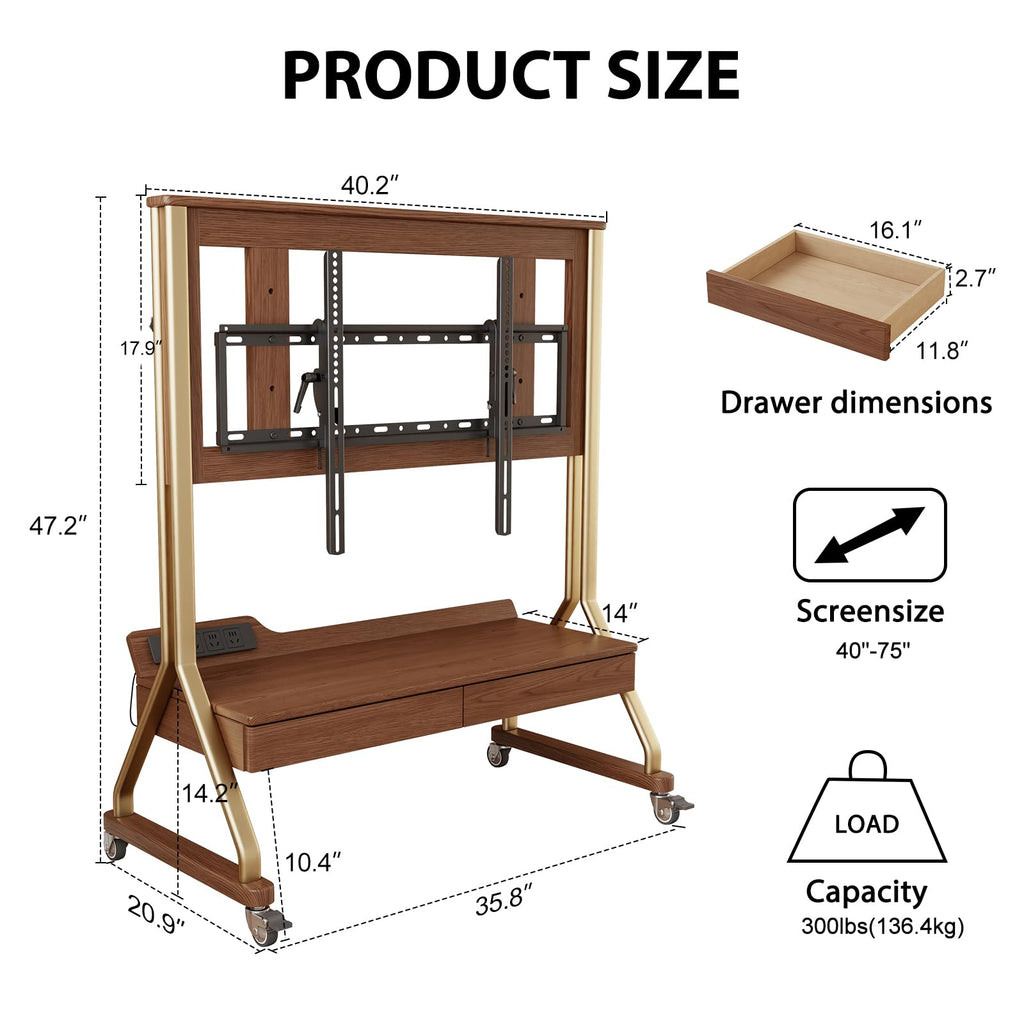 Rolling TV Stand with Wheels for 40-75" TVs, Height Adjustable, 2 Drawers N32853