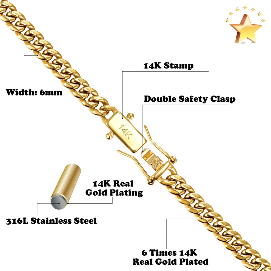 3mm 6mm Cuban Link Chain 14K Gold Plated Stainless Steel Necklace U706