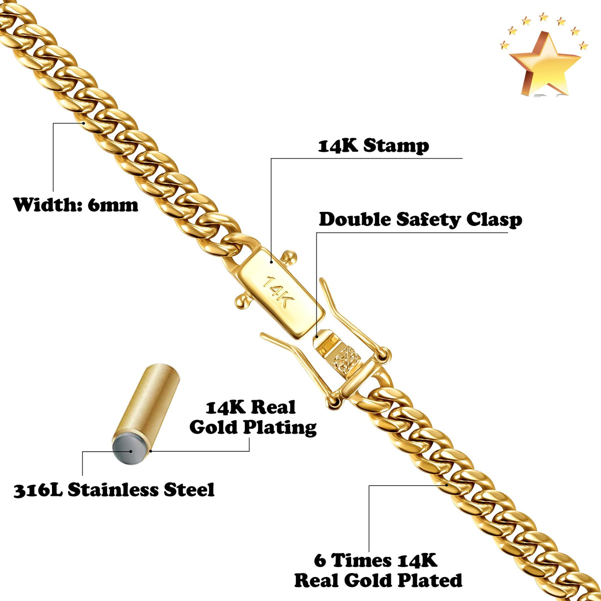 3mm 6mm Cuban Link Chain 14K Gold Plated Stainless Steel Necklace U706