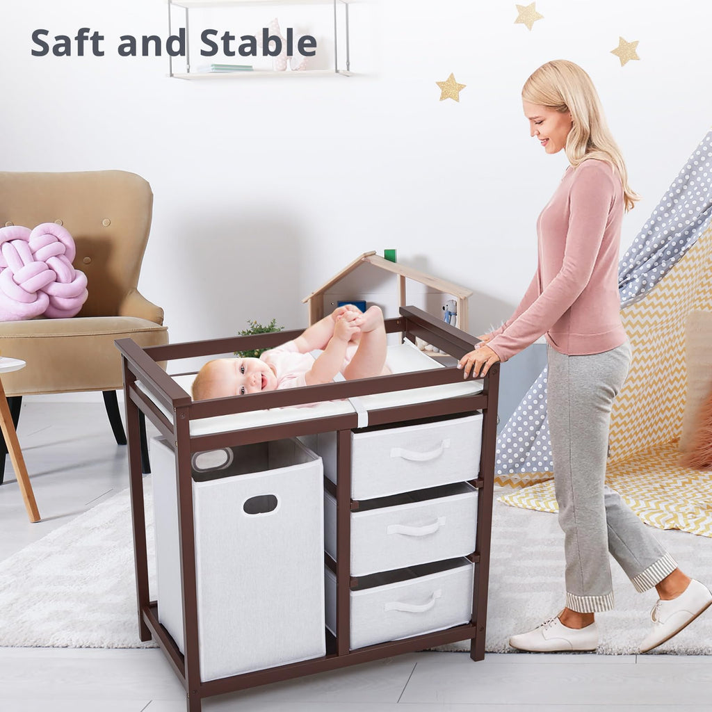 Modern Baby Changing Table with Laundry Hamper & 3 Drawers P9402