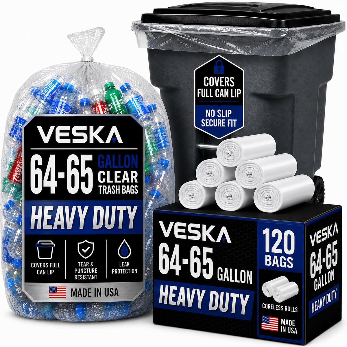 64-65 Gallon Clear Trash Bags, 120 Count Heavy Duty Garbage Bags C32966