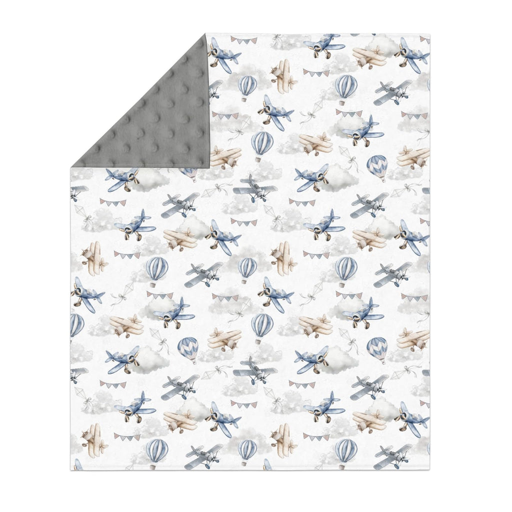 Vintage Planes Helicopters Hot Air Balloon Soft Mink Dotted Backing Double Layer Baby Blanket 30x40 J1966