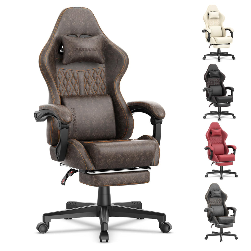 Brown PU Leather Ergonomic Reclining Gaming Chair with Massage Lumbar Support and Footrest C14613