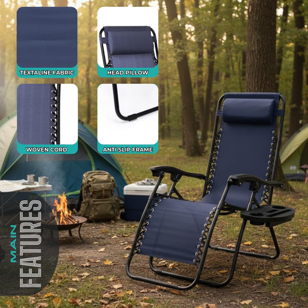 NavyBlue Adjustable Folding Zero Gravity Lounge Chair with Pillow and Cup Holder S912