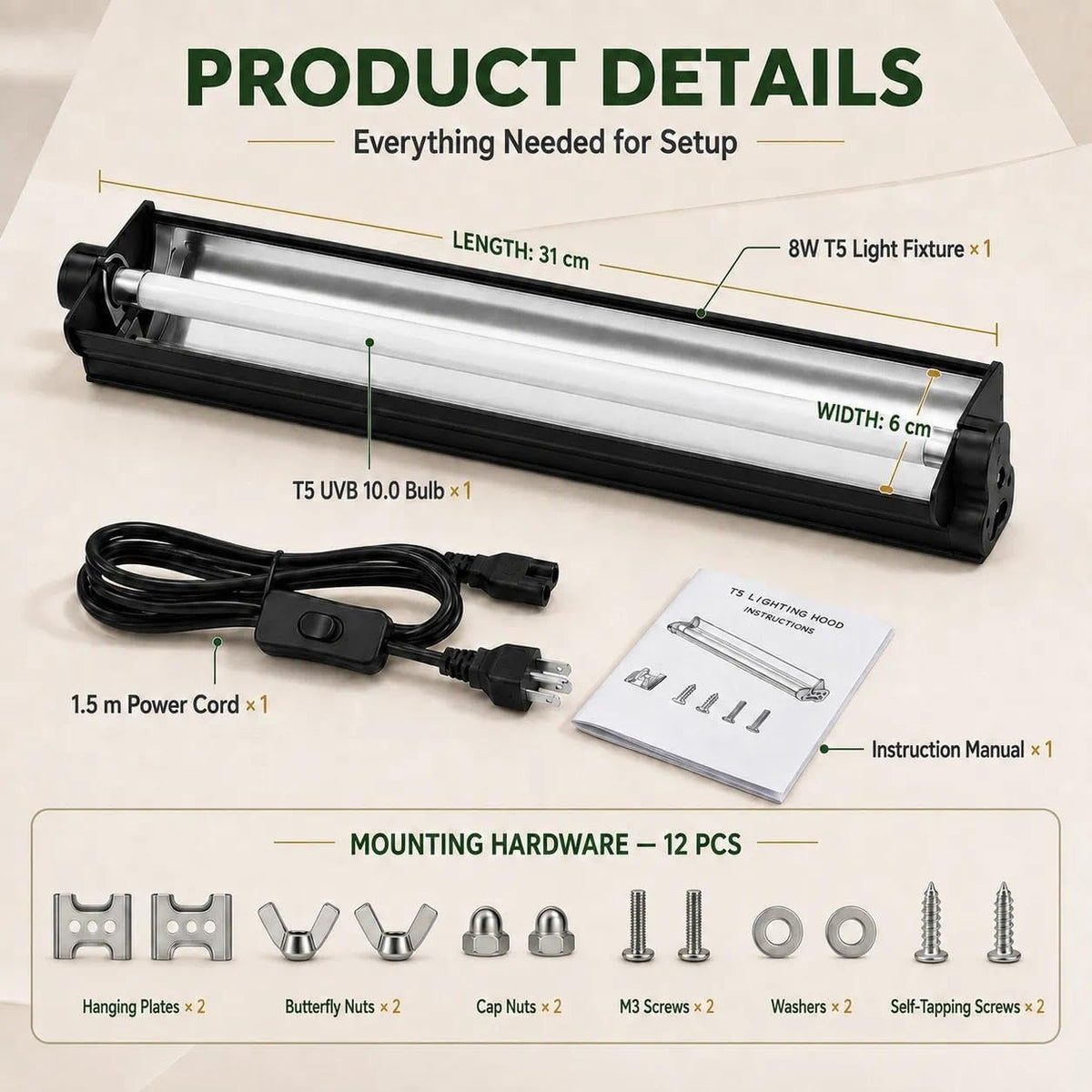 8W 10.0 12 Inch T5 UVB Reptile Light Fixture with Bulb M25242