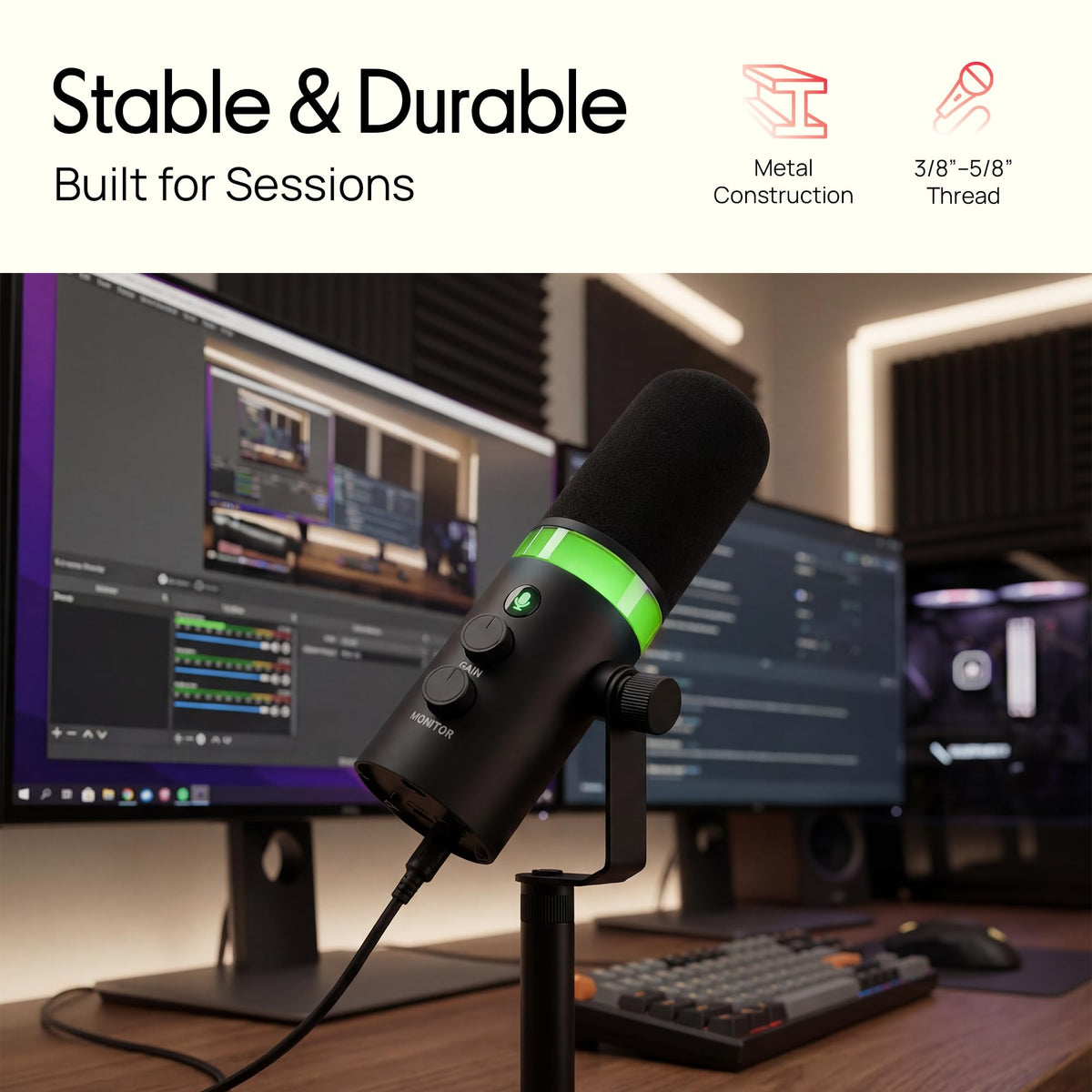 USB/XLR Cardioid Recording Microphone with RGB Lighting and Desktop Stand Q834050