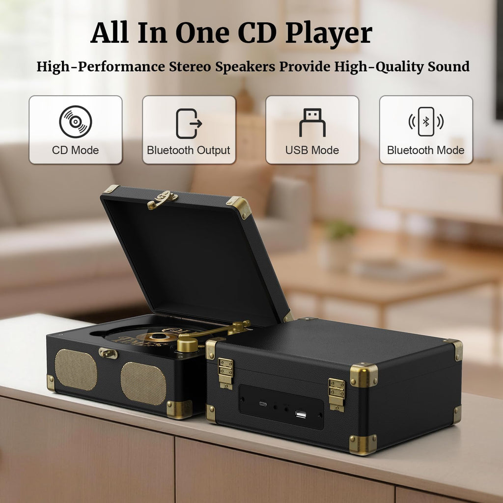 Black Portable CD Player with Speakers, Bluetooth, Remote Control, USB Playback A93117