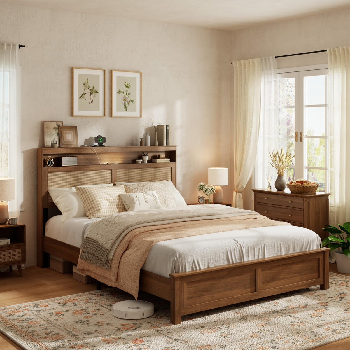 Brown Queen Wood Bed Frame with Storage Headboard J701