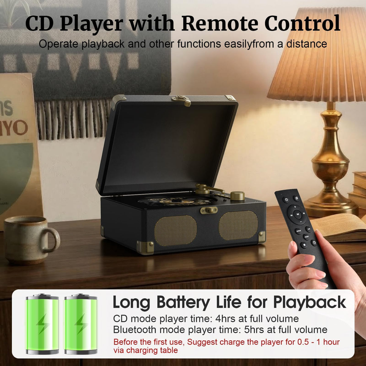 Black Portable CD Player with Speakers, Bluetooth, Remote Control, USB Playback A93117