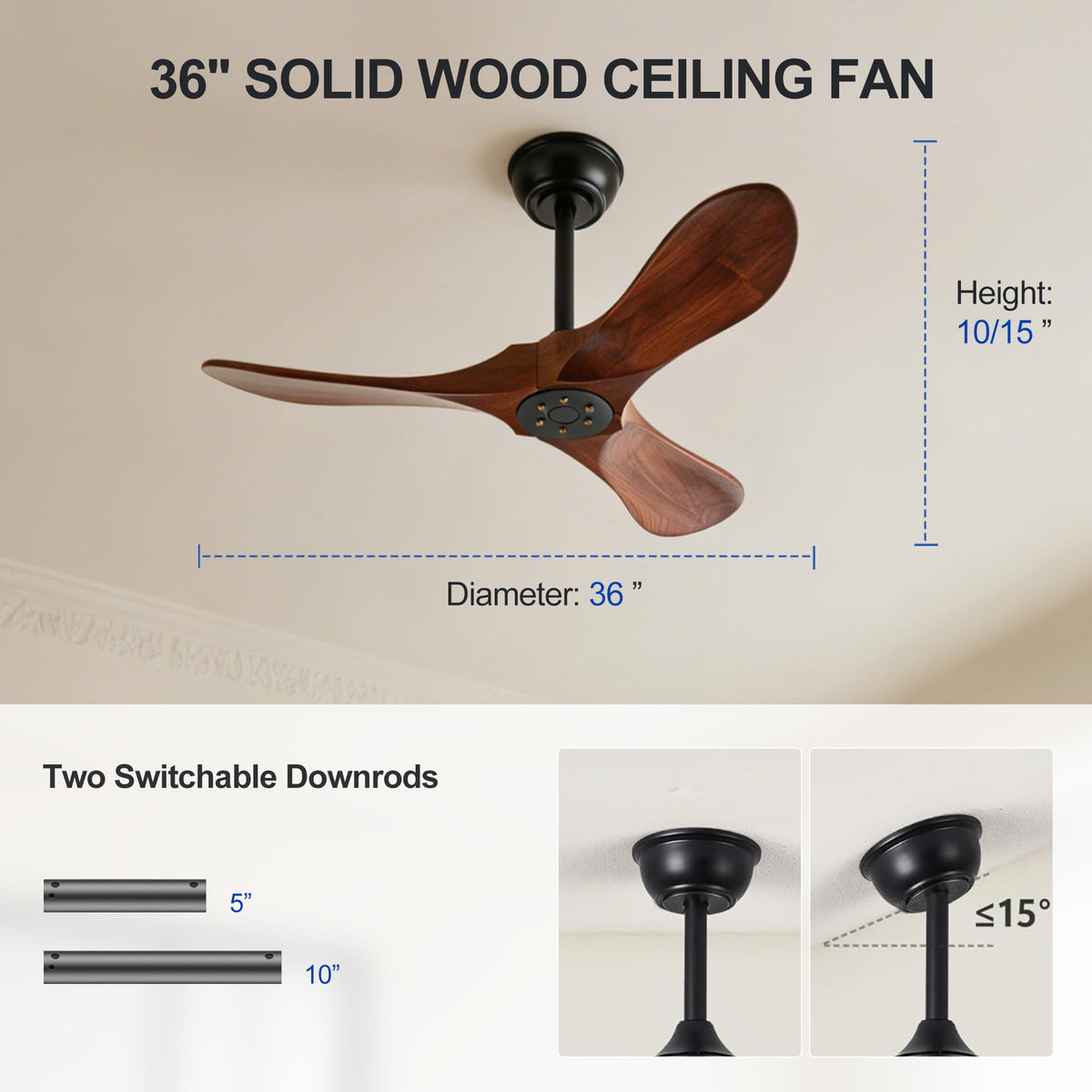 Solid Wood 3 Blade Ceiling Fan with Remote Wall Control P440