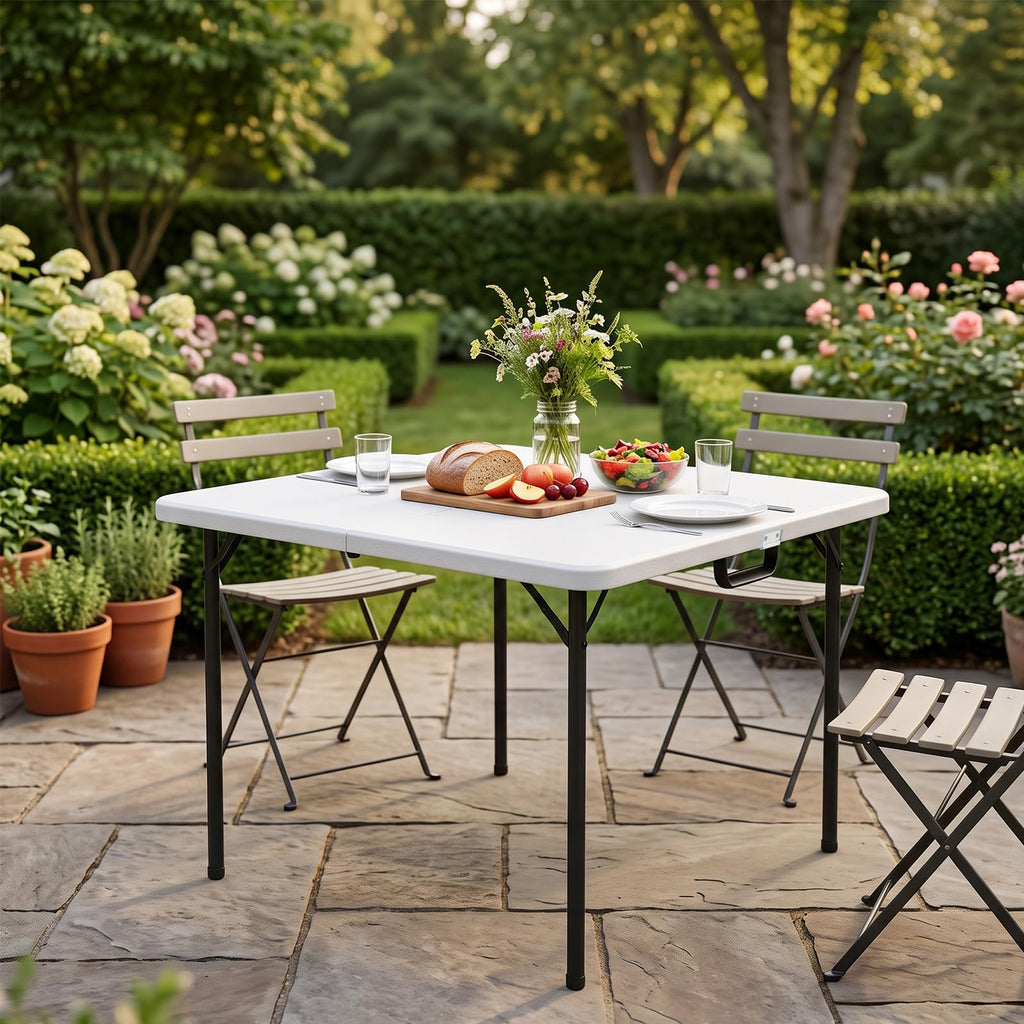 36" Square White Plastic Folding Card Table with Carrying Handle B229877