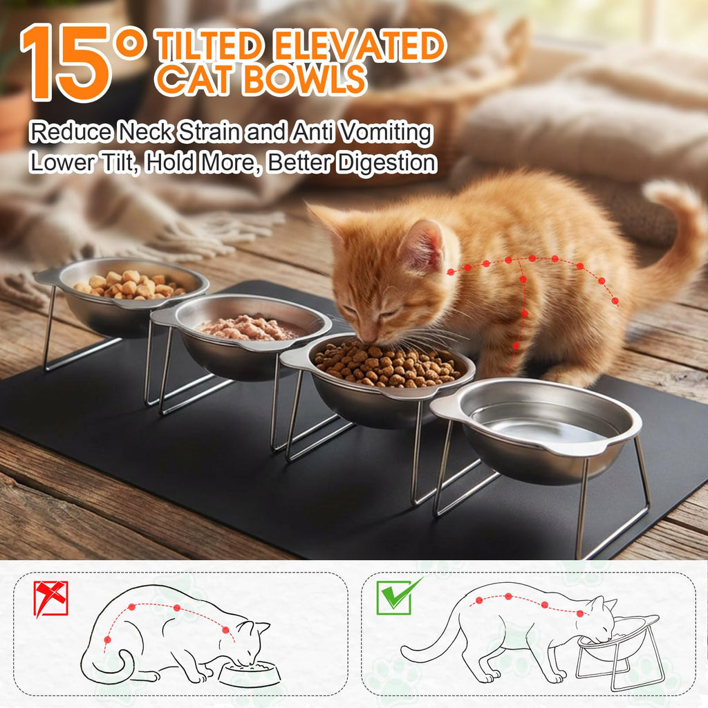 4 Set Elevated Stainless Steel Cat Food Water Bowls Y2427