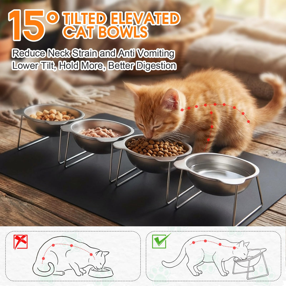 4 Set Elevated Stainless Steel Cat Food Water Bowls Y2427