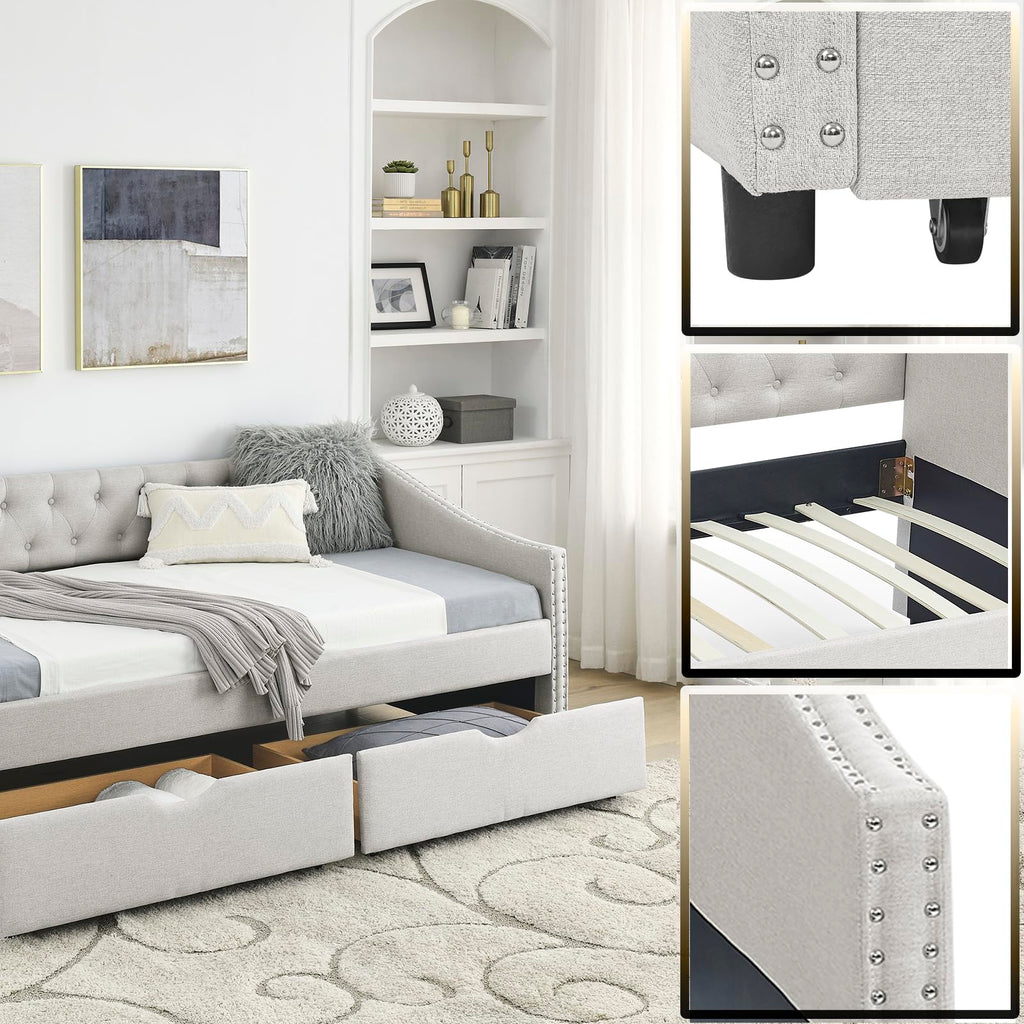 Twin Linen Upholstered Daybed with 2 Storage Drawers F1026