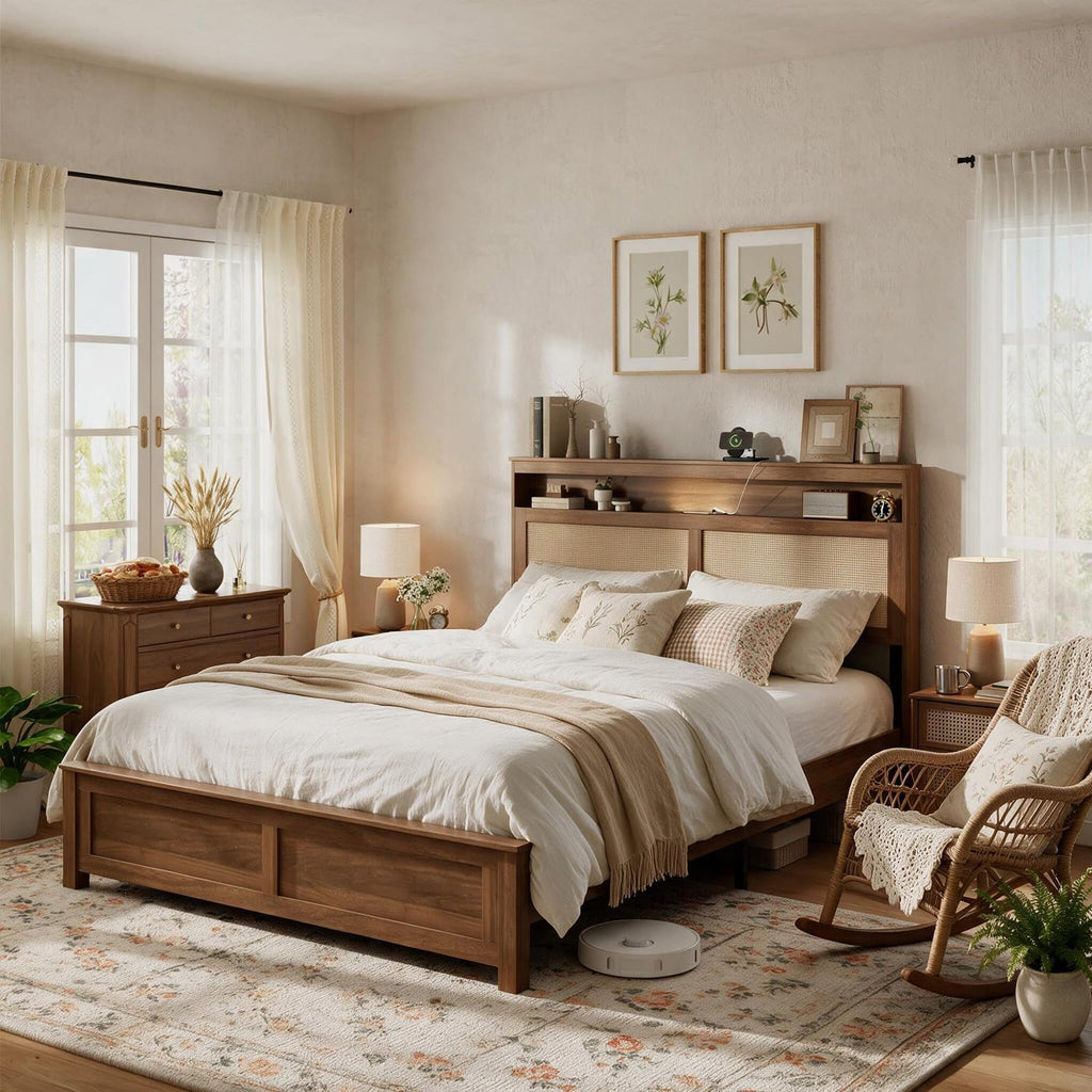 Brown Queen Wood Bed Frame with Storage Headboard J701