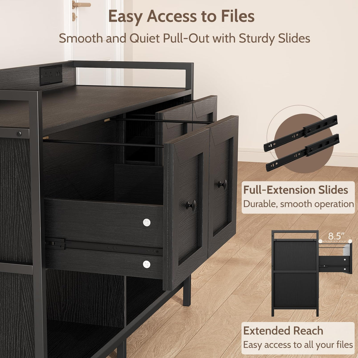 Black 2 Drawer Wood File Cabinet with Power Outlet X299441