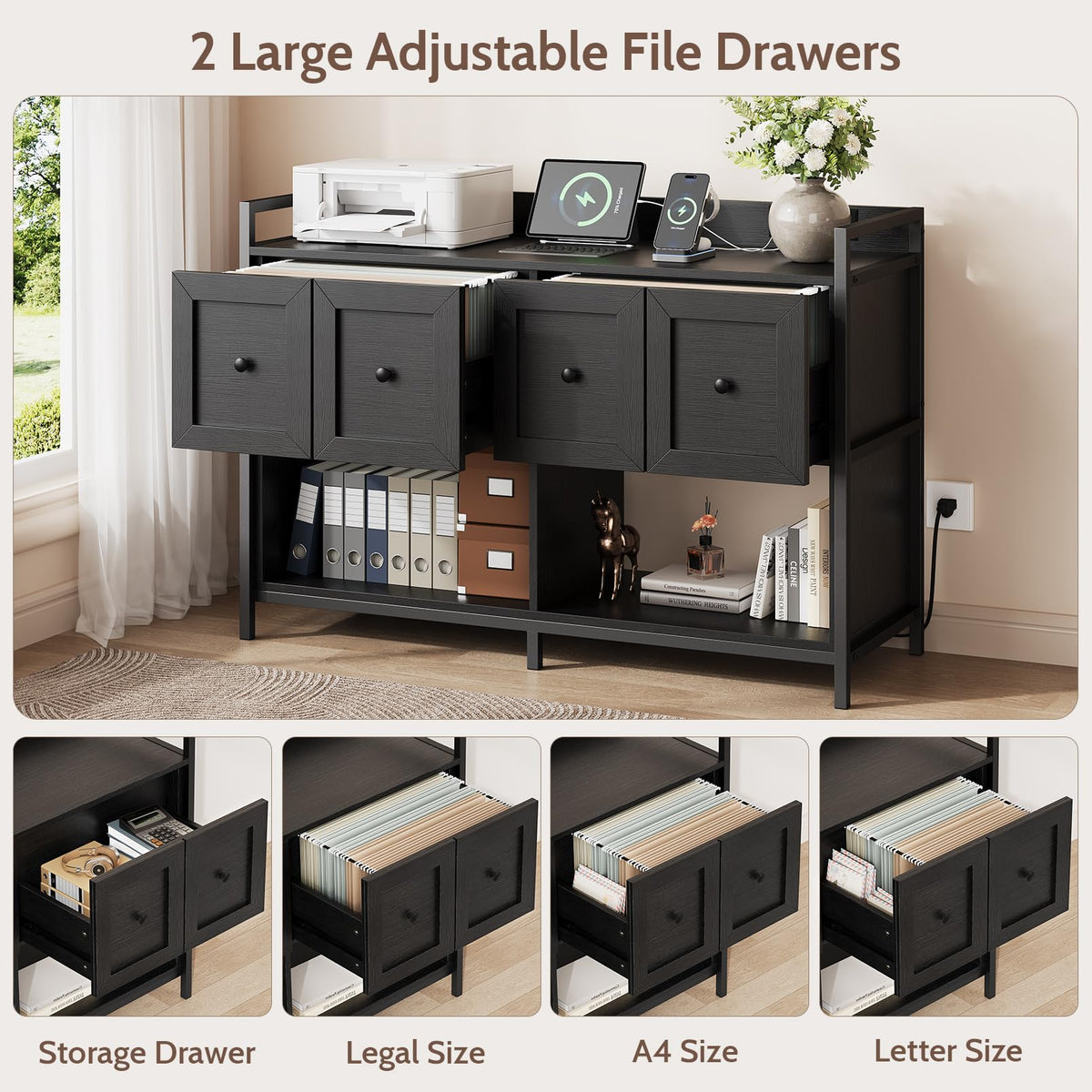 Black 2 Drawer Wood File Cabinet with Power Outlet X299441
