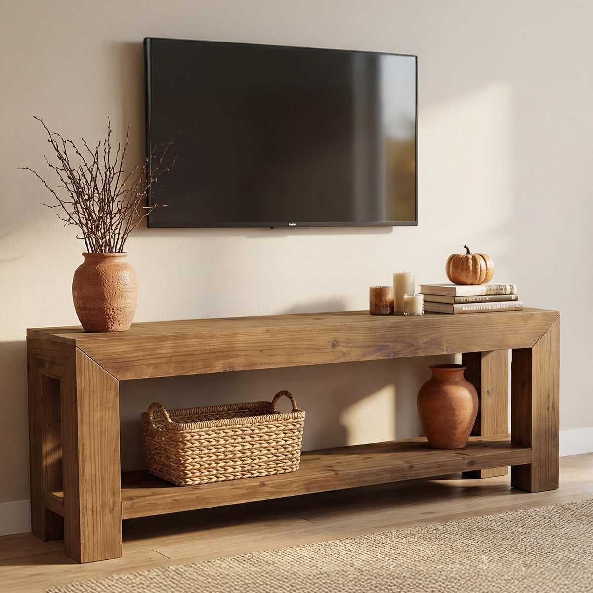 Solid Wood 63" TV Stand with Open Storage Shelves X9685