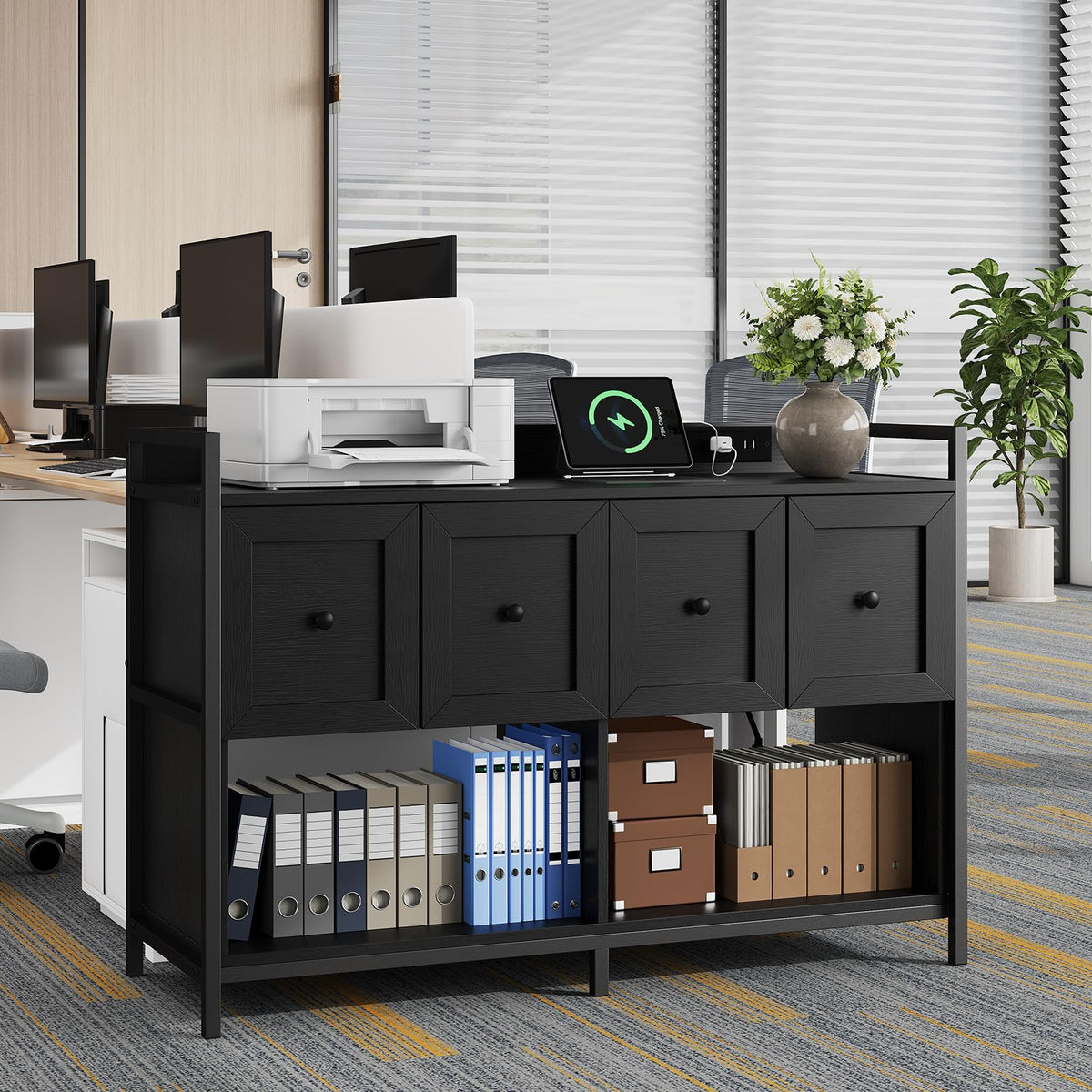 Black 2 Drawer Wood File Cabinet with Power Outlet X299441