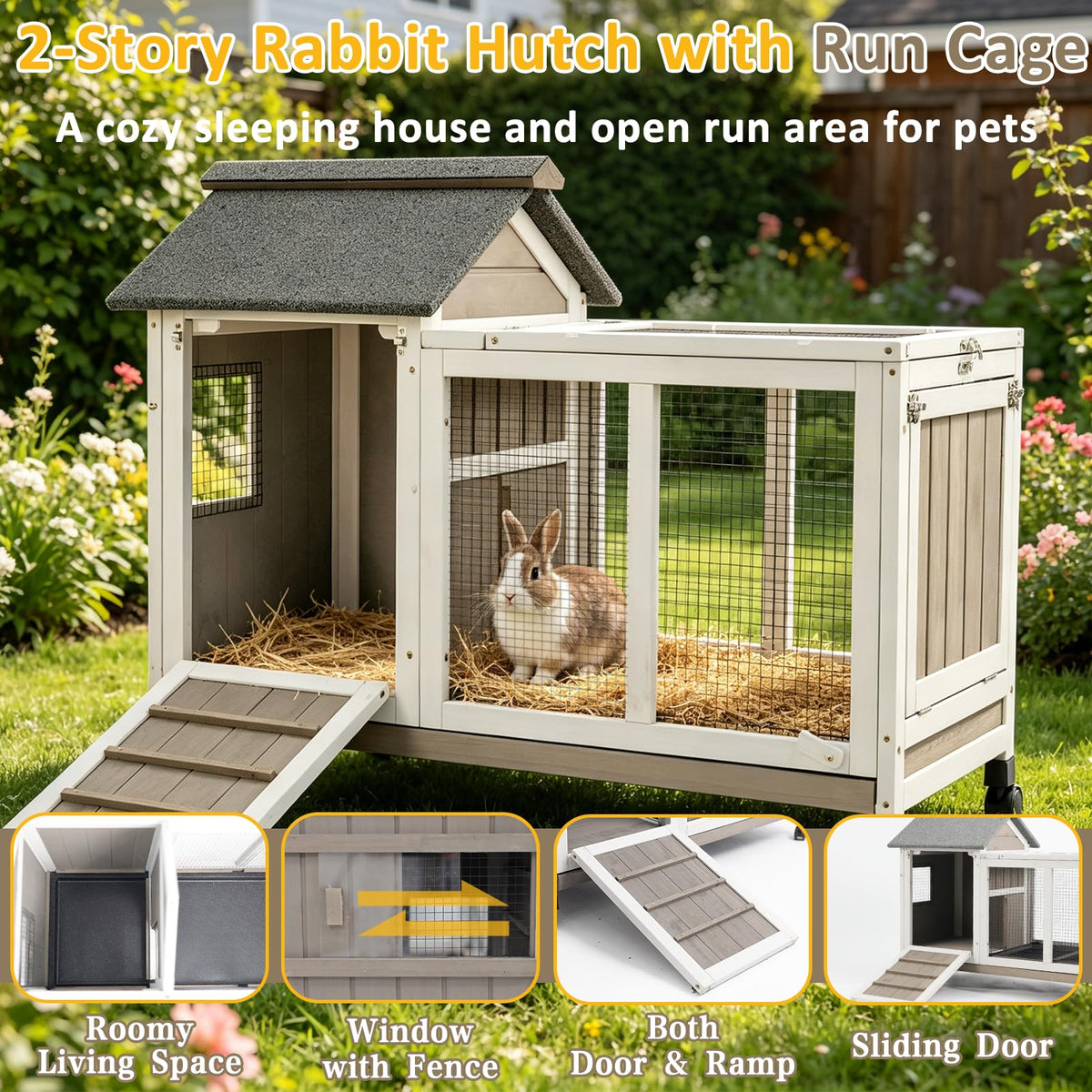 Outdoor Rabbit Hutch 2-Story Bunny Cage with Run G394184