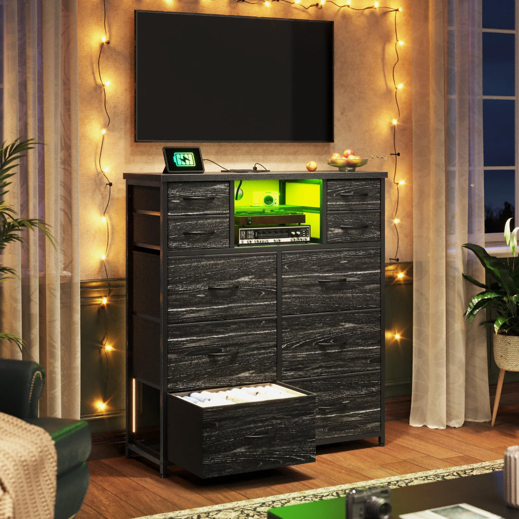 Black 10 Drawer Dresser with LED & Charging Station O944