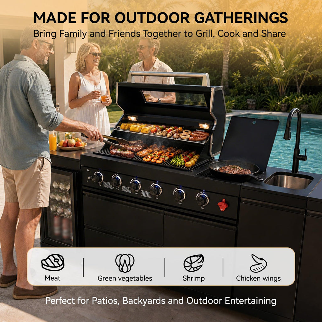 104" Modular Outdoor Kitchen Island with 4-Burner Propane Grill, Refrigerator, Sink, Storage Cabinets, and Granite Countertop Y6544