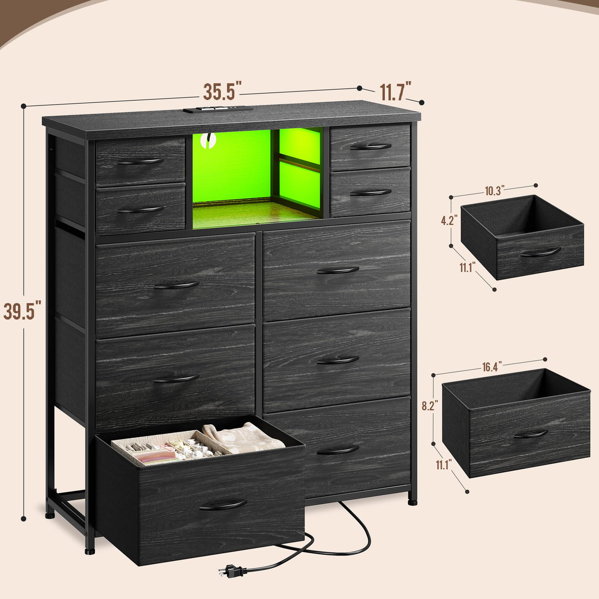 Black 10 Drawer Dresser with LED & Charging Station O944
