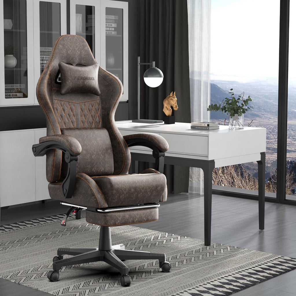 Brown PU Leather Ergonomic Reclining Gaming Chair with Massage Lumbar Support and Footrest C14613