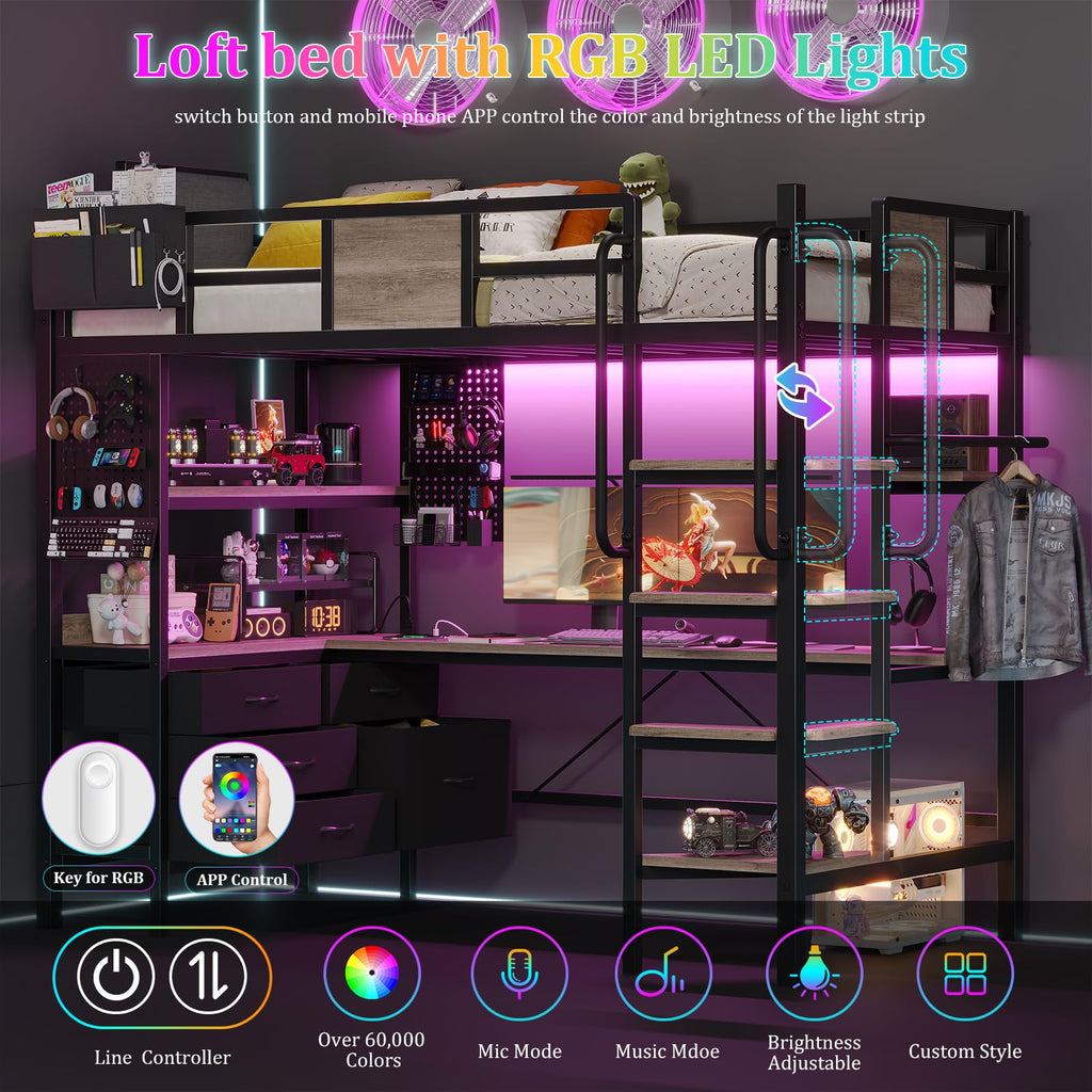 Twin Size Loft Bed with Desk and 5 Drawer M134569