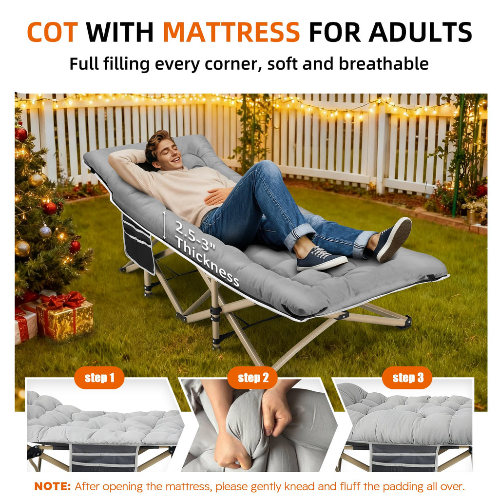 Portable Camping Cot Extra Wide with Thick Mattress Grey H75617