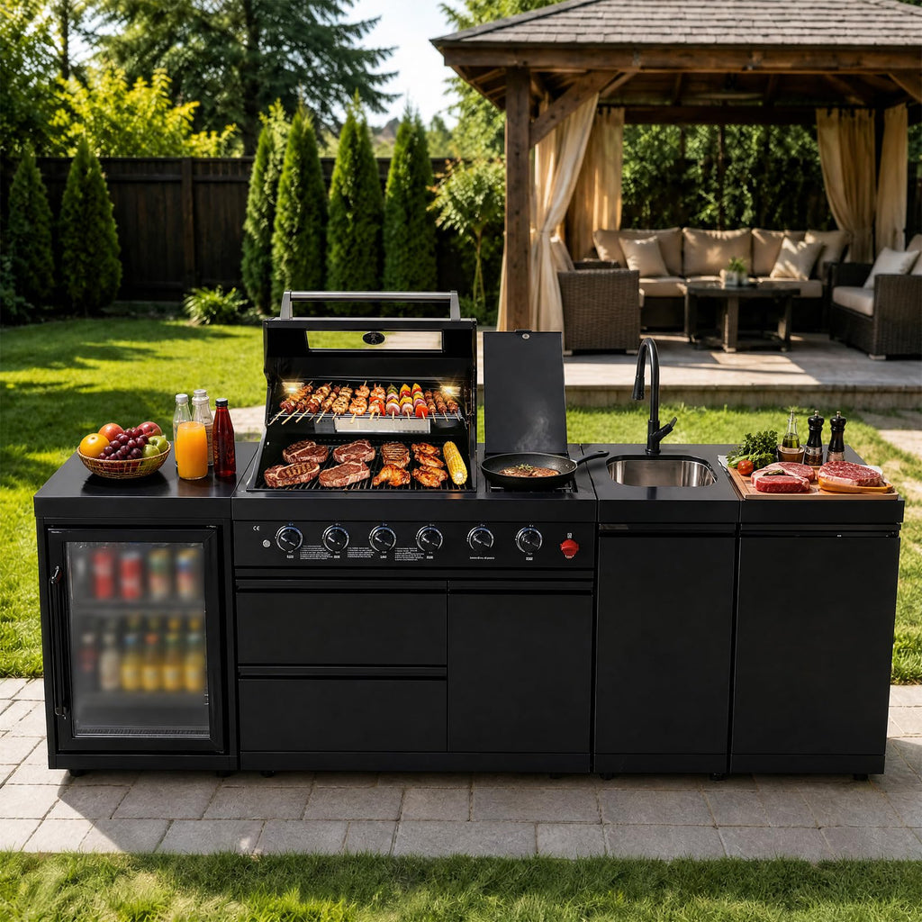 104" Modular Outdoor Kitchen Island with 4-Burner Propane Grill, Refrigerator, Sink, Storage Cabinets, and Granite Countertop Y6544