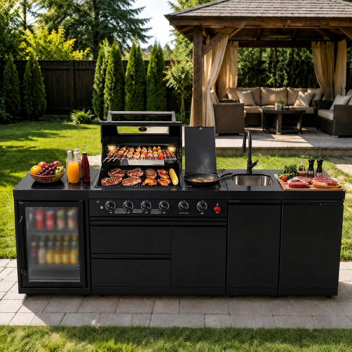 104" Modular Outdoor Kitchen Island with 4-Burner Propane Grill, Refrigerator, Sink, Storage Cabinets, and Granite Countertop Y6544
