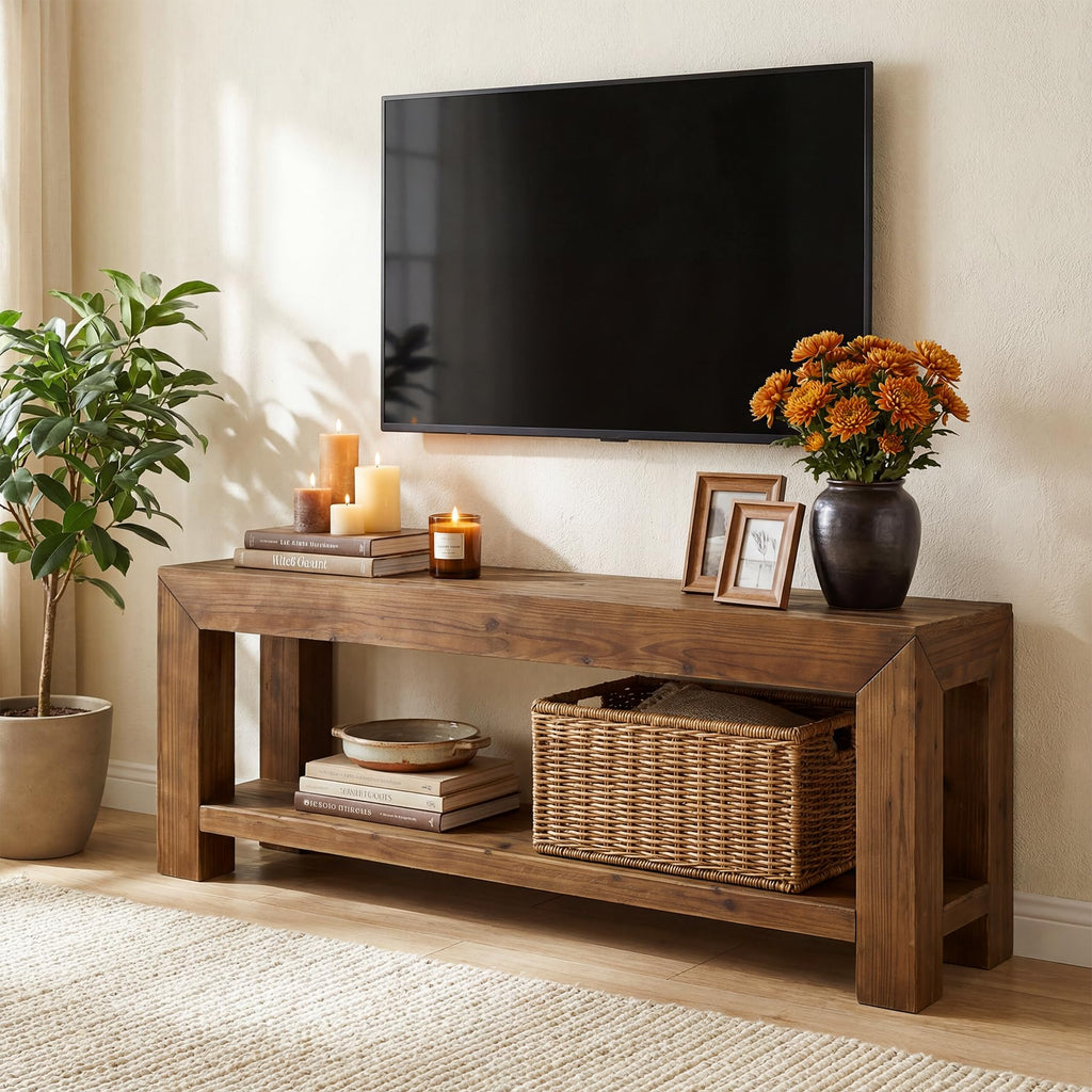 Solid Wood 63" TV Stand with Open Storage Shelves X9685
