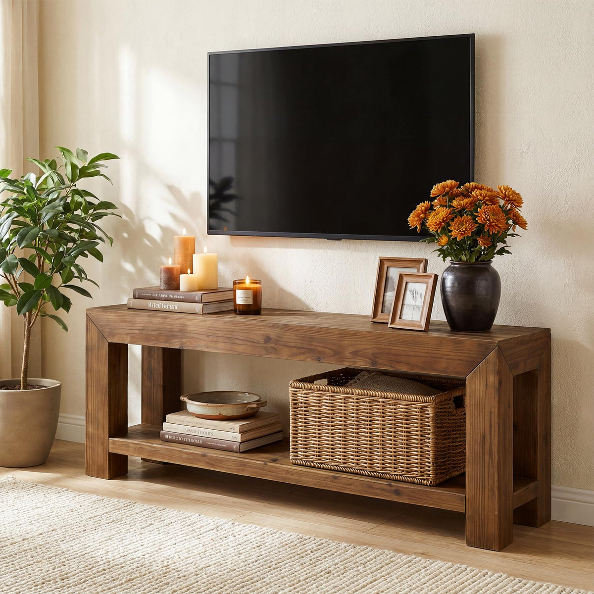 Solid Wood 63" TV Stand with Open Storage Shelves X9685