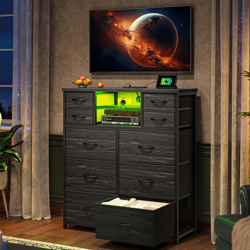 Black 10 Drawer Dresser with LED & Charging Station O944