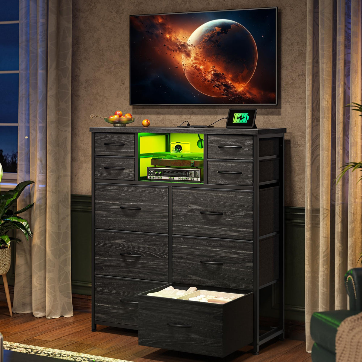 Black 10 Drawer Dresser with LED & Charging Station O944