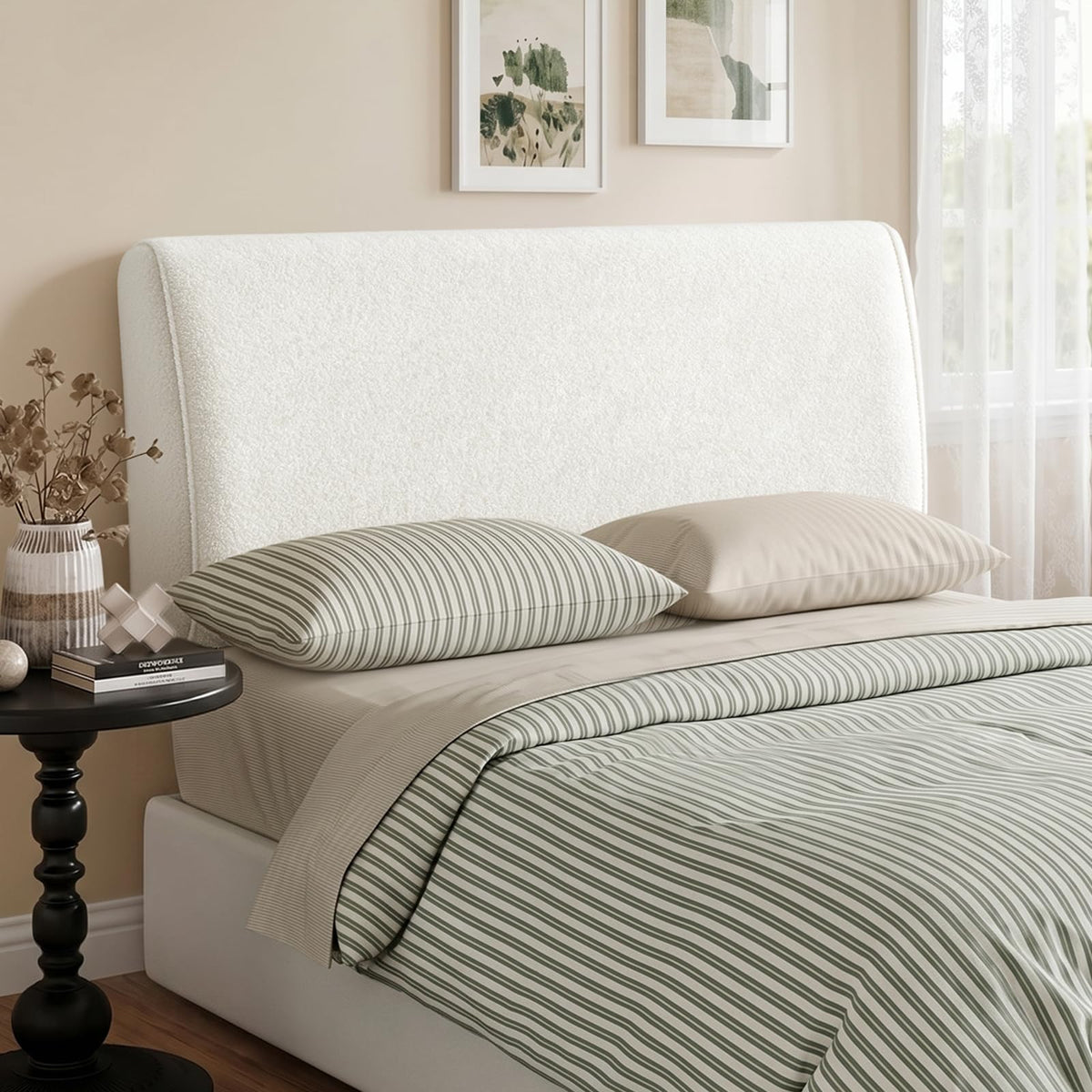 4.7" Upholstered Queen Size Headboard Teddy Velvet Beige Q41857