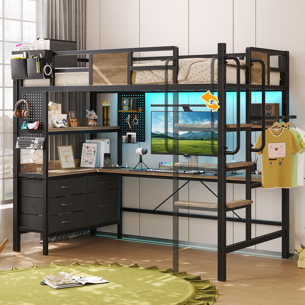 Twin Size Loft Bed with Desk and 5 Drawer M134569
